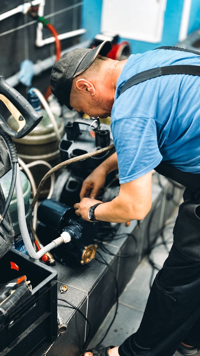 A mechanic focused on machinery repair in a workshop, wearing blue attire and a cap.