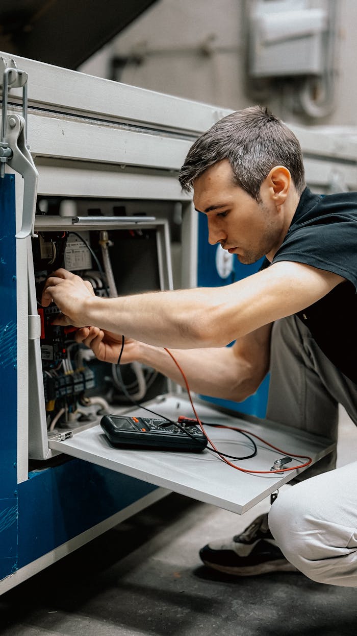 Focused young technician inspecting and repairing machinery at work, ensuring optimal functionality.